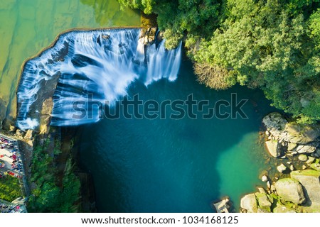 Shifen Waterfall Aerial View - Famous nature landscape of Taiwan, shot in Pingxi District, New Taipei, Taiwan.