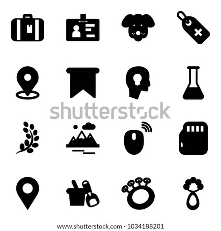 Solid vector icon set - suitcase vector, identity, dog, medical label, map pin, flag, head bulb, flask, golden branch, mountains, mouse wireless, micro flash card, navigation, shovel bucket, beanbag