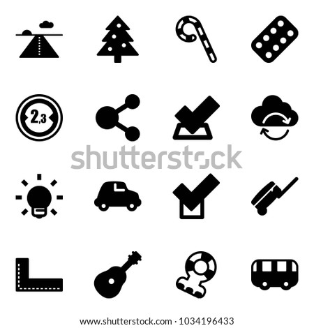 Solid vector icon set - runway vector, christmas tree, lollipop, pills blister, limited width road sign, share, check, refresh cloud, bulb, car, suitcase, corner ruler, guitar, teethers, toy bus