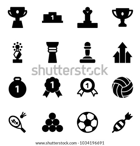 Solid vector icon set - cup vector, pedestal, winner, gold, award, pawn, arrows up, medal, volleyball, badminton, billiards balls, soccer ball, dart
