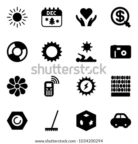 Solid vector icon set - sun vector, christmas calendar, heart care, money click, circle chart, reading, photo, flower, mobile phone, power, binary code, nut, rake, cube toy, car