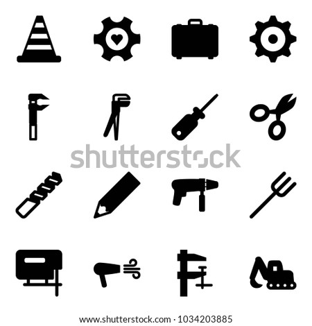 Solid vector icon set - road cone vector, heart gear, case, plumber, screwdriver, scissors, drill, pencil, machine, farm fork, jig saw, dryer, clamp, excavator toy