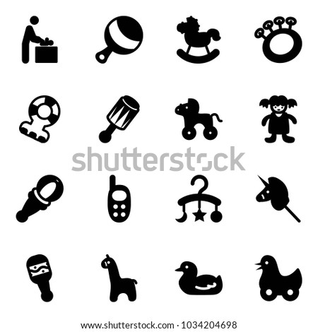 Solid vector icon set - baby room vector, beanbag, rocking horse, teethers, wheel, doll, phone toy, carousel, unicorn stick, giraffe, duck