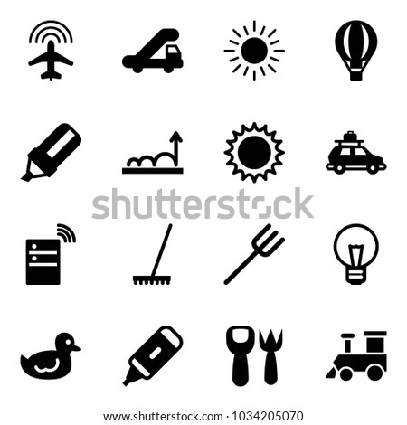 Solid vector icon set - plane radar vector, trap truck, sun, air balloon, highlight marker, growth, car baggage, server wireless, rake, farm fork, bulb, duck toy, shovel, train