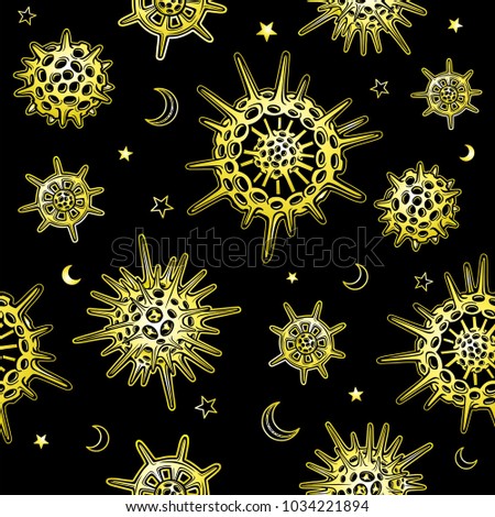 Seamless background: animation skeletons of mtkroorganizm of a radiolaria, space symbols. Gold imitation. Vector illustration.