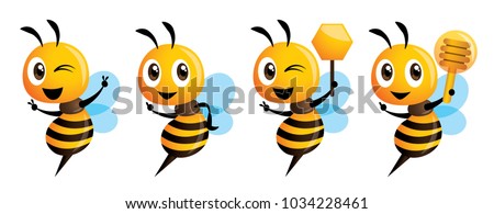 Cartoon cute bee mascot series. Cartoon cute bee pointing. Cute bee holding honeycomb. Cute bee holding honey dipper. Vector illustration isolated Royalty-Free Stock Photo #1034228461