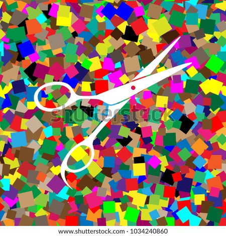 Hair cutting scissors sign. Vector. White icon on colorful background with seamless pattern from squares.