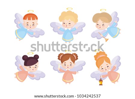 Cute angels set in a cartoon style. Vector illustrations isolated on white background.
