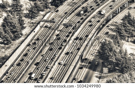 Heavy traffic on the highway, aerial view.