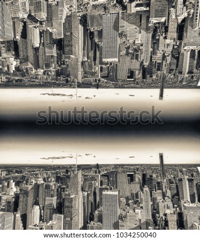 Abstract City Upside Down. Cityscape on background sky. Urban World. Copyspace.