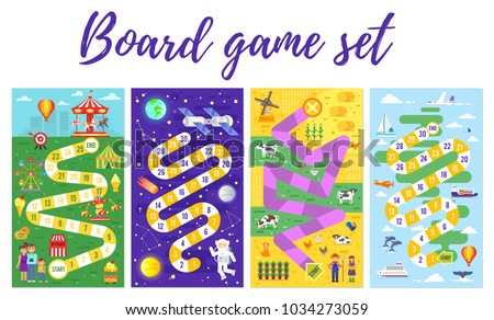 Vector flat style set of kids colorful boardgame template; amusement park, space, farm and travel theme game. For print. Vertical composition.

 Royalty-Free Stock Photo #1034273059