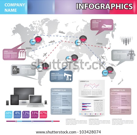 Modern infographics set and icons IT tehnology and manufacture. World Map and Information Graphics