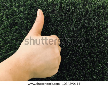 thumb up against grass background