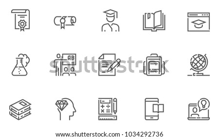 School and University Vector Flat Line Icons Set. Study, Learning, Knowledge, Chemistry, Globe, Classroom, Auditorium. Editable Stroke. 48x48 Pixel Perfect. Royalty-Free Stock Photo #1034292736
