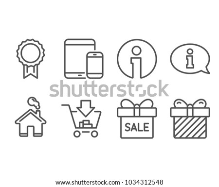 Set of Sale offer, Shopping and Reward icons. Information, Mobile devices and Surprise signs. Gift box, Add to cart, Best medal. Info center, Smartphone with tablet, Present with bow. Vector