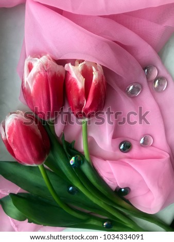 beautiful pink tulips and souvenirs for the holiday