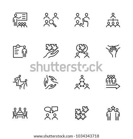 Line icon set related to team development, teamwork or team formation. Editable stroke vector, isolated at white background Royalty-Free Stock Photo #1034343718