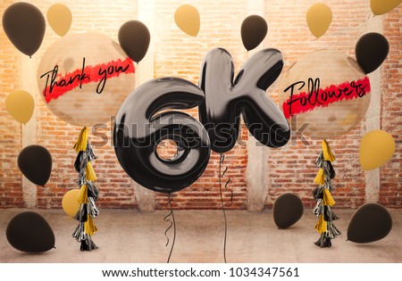 6k or 6000 followers thank you with brilliant Balloons background. For your Celebration and Appreciation for social Network friends, Web user Thank you or celebrate of subscriber, follower, like Royalty-Free Stock Photo #1034347561