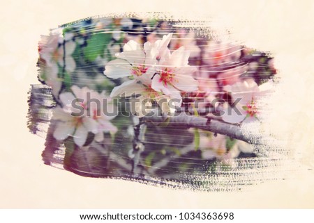 dreamy and abstract image of cherry tree. double exposure effect with watercolor brush stroke texture