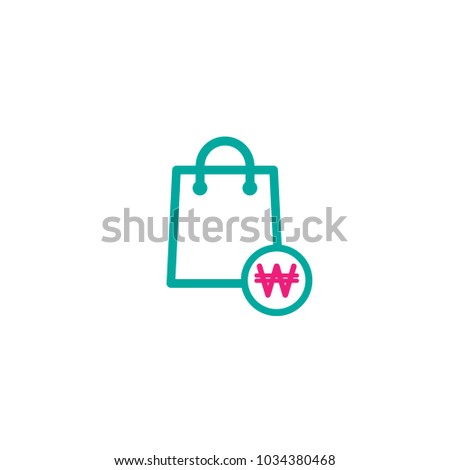 blue outline silhouette of shopping paper bag with korean won sign. flat icon isolated on white.  vector illustration. Stylish package for purchase. simple pictogram