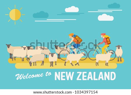 Flat design, Illustration of tourists riding bicycles and flock of sheep, Vector