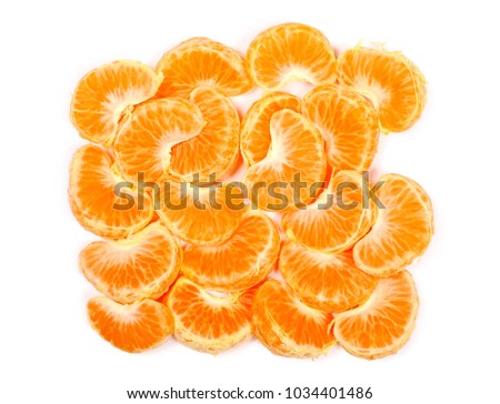 Mandarin orange, citrus fruit slices isolated on white, top view