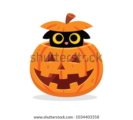 lovely kitty play hide and seek in a halloween pumpkin. 100% vector layered