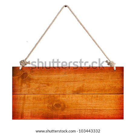 wood sign board with rope isolated on white