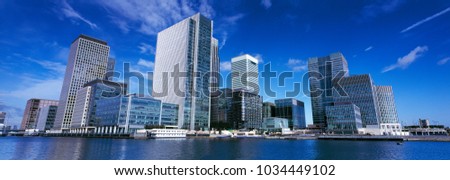 Panoramic format image of the financial hub of Canary wharf in East London