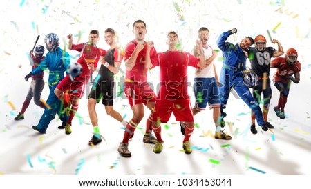 successful football, soccer, basketball, baseball, tennis players, cars, boxing fighters on professional 3D basketball court arena in lights with confetti, serpantine and smoke. collage, multi ,sport Royalty-Free Stock Photo #1034453044