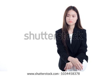 Asian woman officer feel moody and serious on white background
