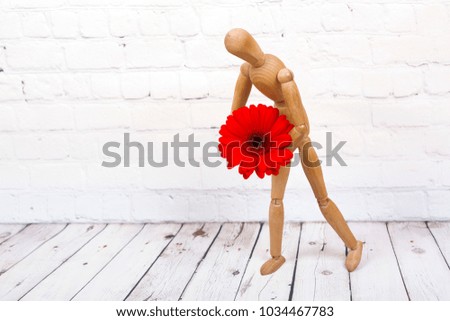 Wooden mannequin trying to represent human movements in moving actions isolated on a white background. Anatomical model hugs a beautiful red flower.