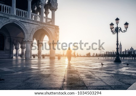 famous San Marco Square at sunrise. Venice, Italy. balck and white vintage  toned picture