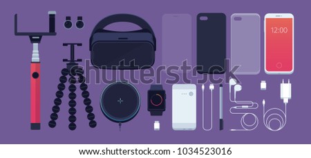 Set of phone accessories: smartphone, power bank, charger, mobile phone lens, flash card, headphones, stylus, 3D reality glasses, selfie stick, tripod, protective film, watch. Vector illustration. Royalty-Free Stock Photo #1034523016