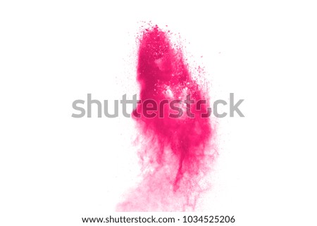 Abstract powder splatted background. Pink powder explosion on white background. Colored cloud. Colorful dust explode. Paint Holi.