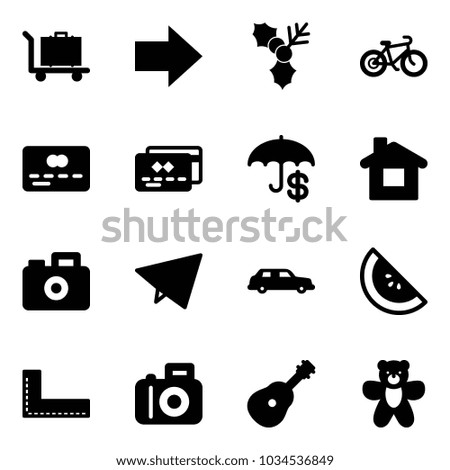 Solid vector icon set - baggage vector, right arrow, holly, bike, credit card, insurance, home, camera, paper fly, limousine, watermelone, corner ruler, guitar, bear toy
