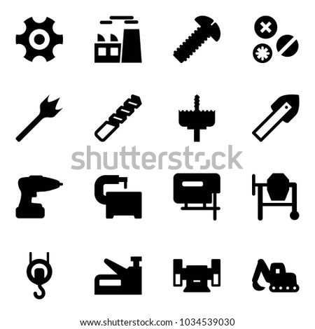 Solid vector icon set - gear vector, plant, screw, rivet, wood drill, crown, tile, machine tool, jig saw, cocncrete mixer, winch, stapler, sharpening, excavator toy