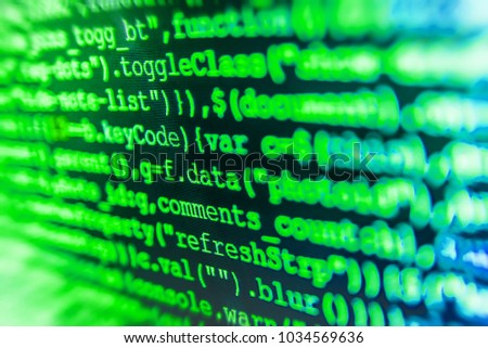 Javascript code in bracket software. JavaScript code in text editor. Abstract technology background. Python programming developer code. Creative focus effect. Coding hacker concept. 