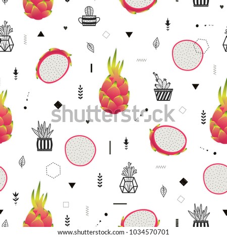 Modern vector seamless pattern with   dragon fruits. All elements are  hidden under mask. Pattern are not cropped and can be edited