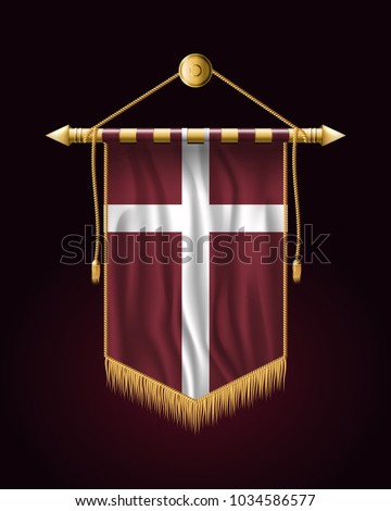 Denmark Orlogsflaget Variant Flag. Festive Vertical Banner. Wall Hangings with Gold Tassel Fringing