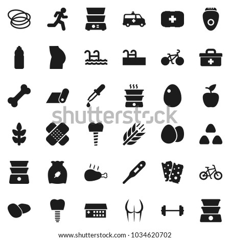 Flat vector icon set - double boiler vector, cereal, egg, potato, chicken leg, apple fruit, barbell, bike, buttocks, water bottle, fitness mat, cereals, breads, first aid kit, bone, hoop, run, patch