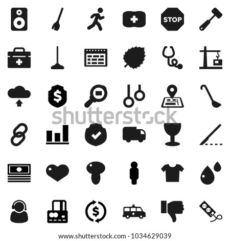 Flat vector icon set - broom vector, mop, ladle, meat hammer, mushroom, schedule, leaf, exchange, graph, credit card, cash, man, dollar shield, first aid kit, gymnast rings, run, navigator, glass