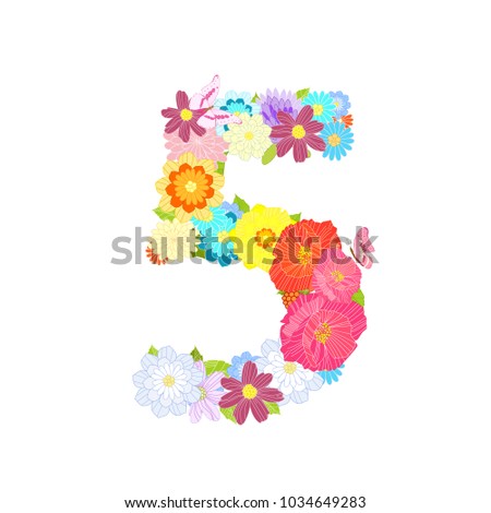Romantic number of meadow flowers and butterflies five