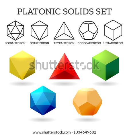 Platonic 3d shapes. Platon geometry abstract solid icons isolated on white background, vector illustration Royalty-Free Stock Photo #1034649682