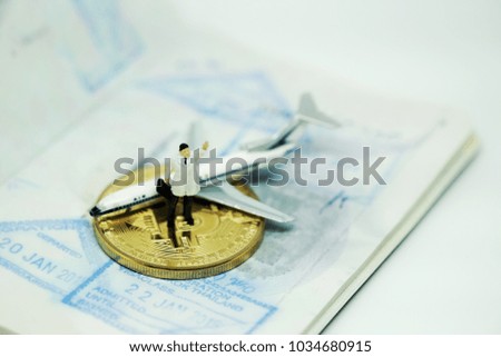 miniature figure business people standding on white foor in front of blur passport blackground and a plane. Picture use for business concept.