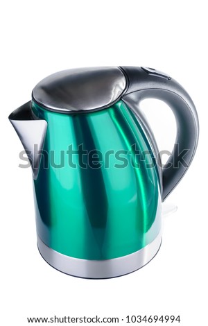 Stainless steel painted in green color isolated cordless electrical kettle with black plastic handle  on white background