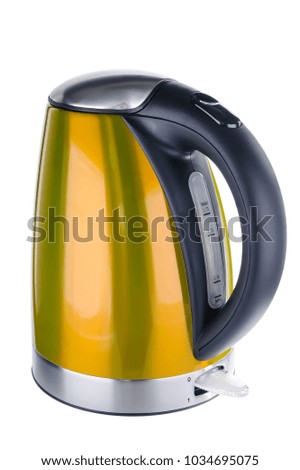 Stainless steel painted in yellow orange color isolated cordless electrical kettle with black plastic handle  on white background