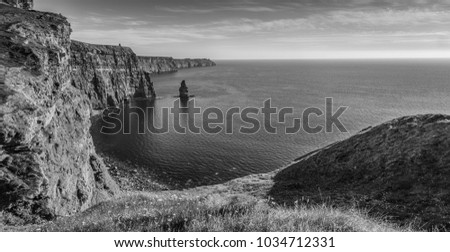 Ireland world famous tourist attraction in County Clare. The Cliffs of Moher West coast of Ireland. Epic Irish Landscape and Seascape along the wild atlantic way. Beautiful scenic nature from Ireland
