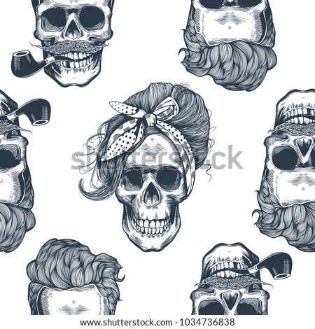 Seamless pattern in pop art style with skeleton womens heads, fashion scarf and hairstyle, against triangle and purple stripes on background. Vector illustration