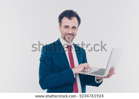 People smart clever confident chatting email send receive update fixing download digital concept. Portrait of excited cheerful banker searching information on the internet isolated on gray background